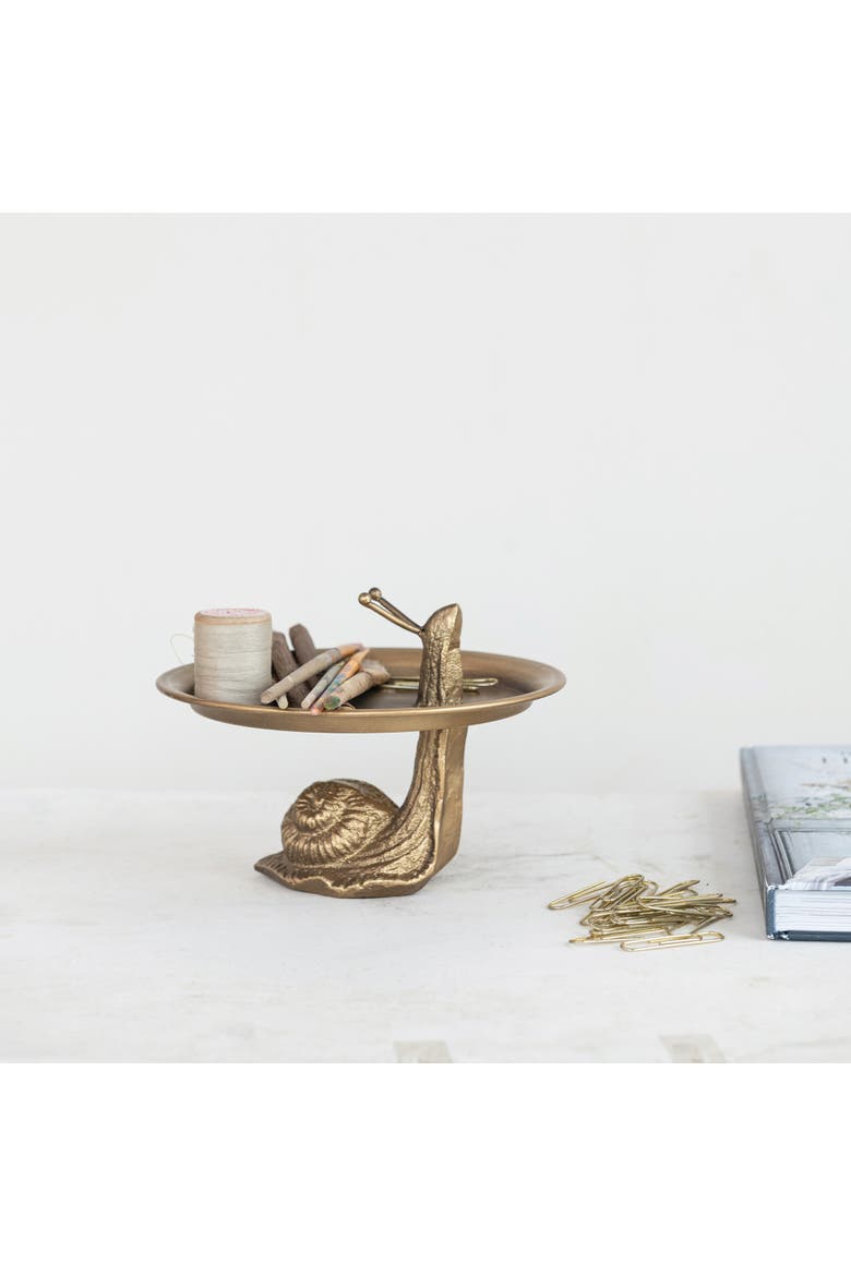 Decorative Metal Tray with Snail Shaped Stand, Gold Finish, Alternate, color, Gold