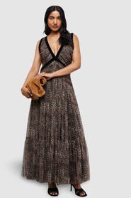 Warehouse Velvet Trim Leopard Tulle Maxi Dress