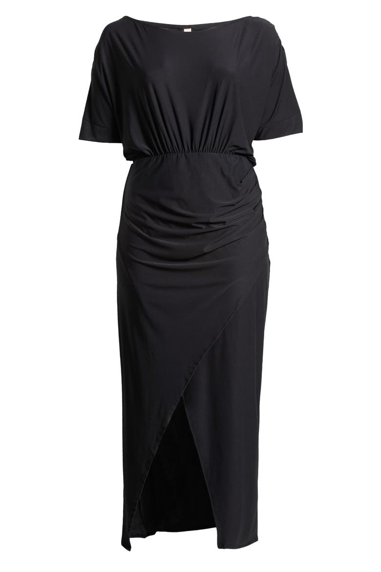 Batwing Sleeve Front Slit Jersey Dress, Alternate, color, BLACK