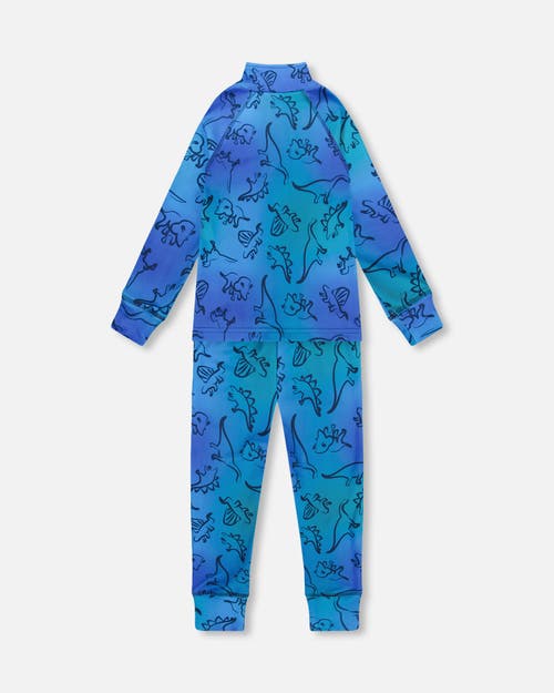 Deux Par Deux Two-piece Thermal Underwear Set Dinosaur In Blue