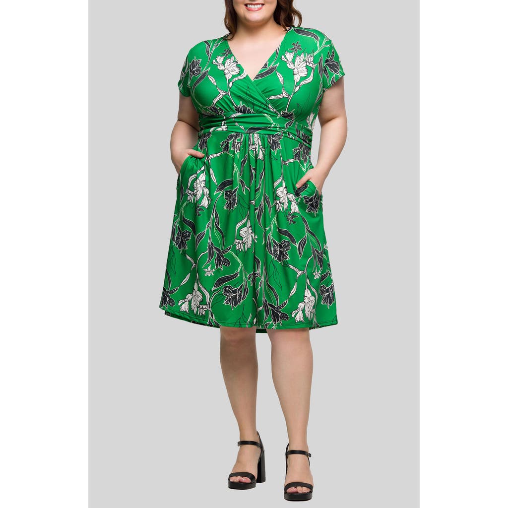 24seven Comfort Apparel Plus Size Cap Sleeve V-neck Knee Length Pocket Dress In Green Multi