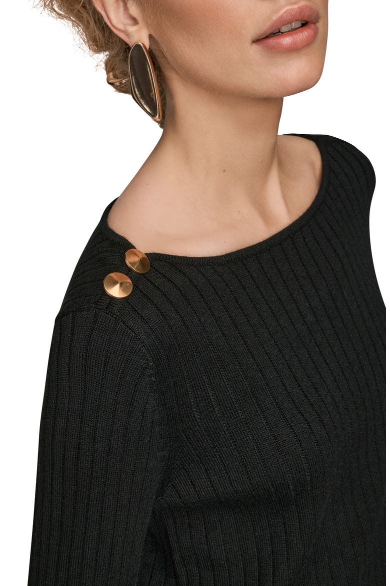Button Shoulder Boat Neck Rib Sweater, Alternate, color, BLACK