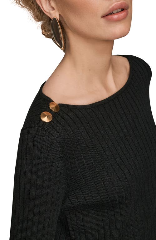Donna Karan New York Button Shoulder Boat Neck Rib Sweater In Black