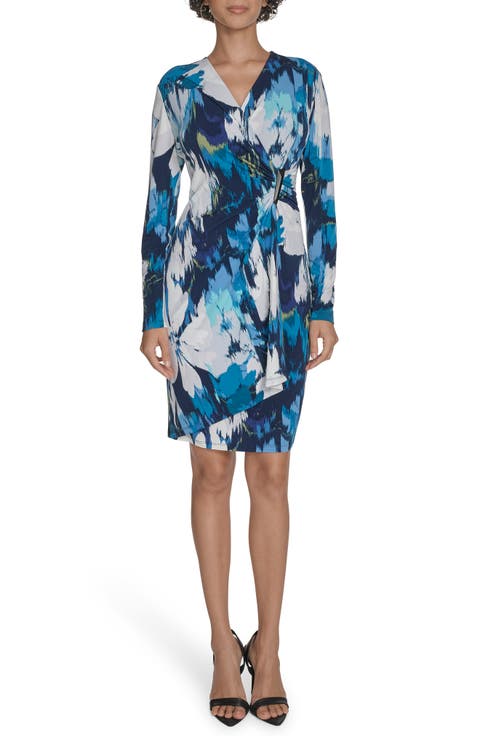 Floral Long Sleeve Faux Wrap Dress