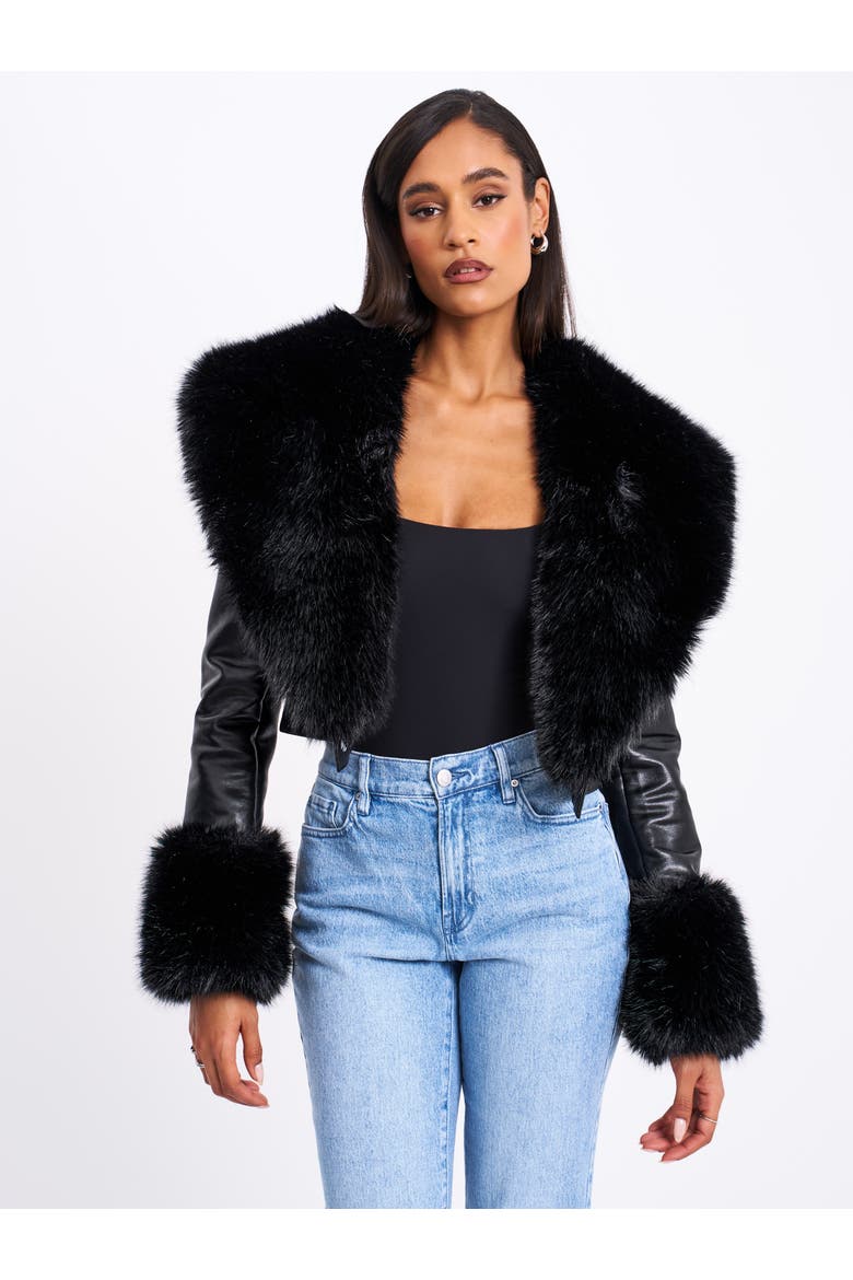 Ziah Cropped Leather Jacket with Fur Collar, Alternate, color, Black