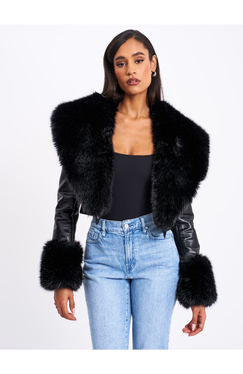 Miss Circle Ziah Cropped Leather Jacket with Fur Collar, Alternate, color, Black