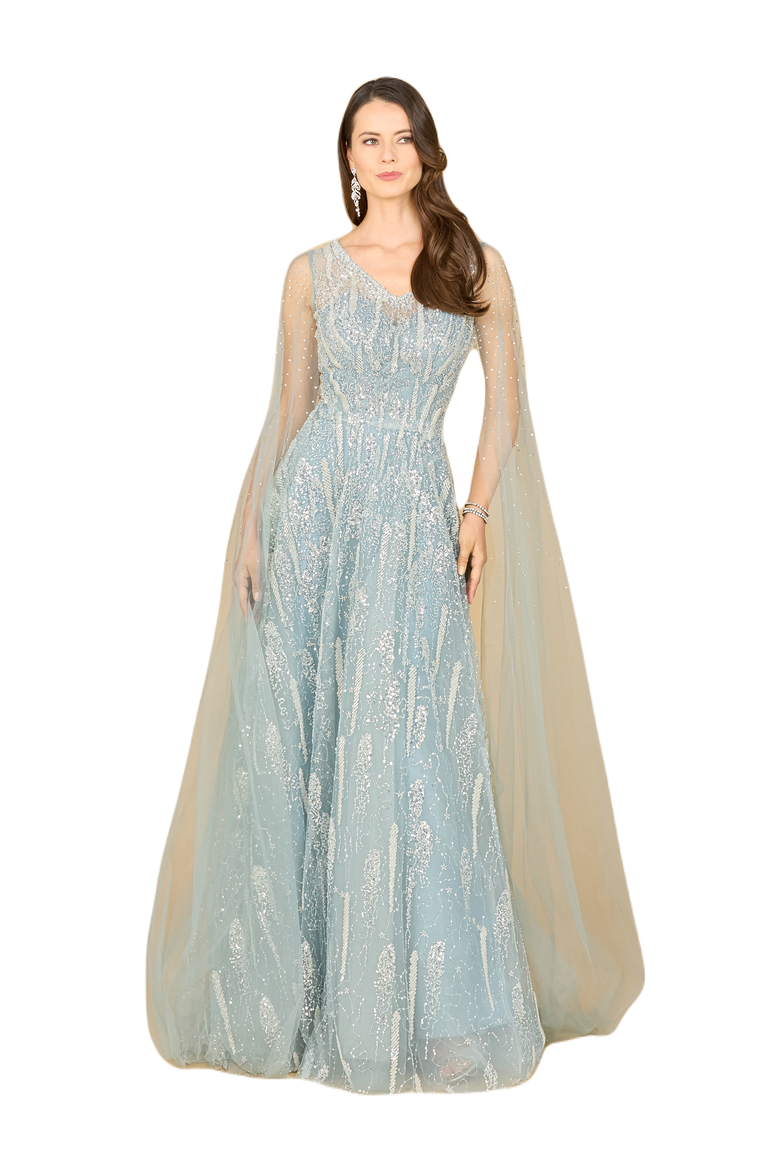 Lace Gown with Cape Sleeves and V-neckline, Alternate, color, DustyBlue