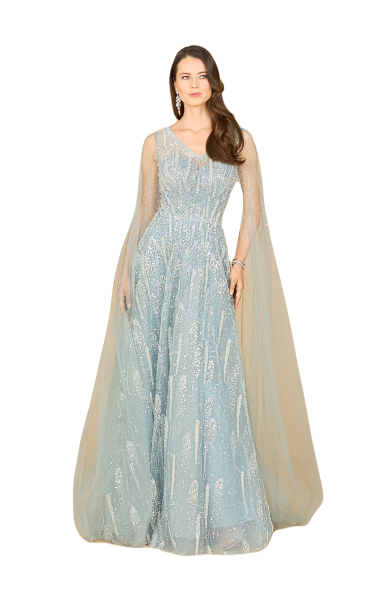 LARA New York Lace Gown with Cape Sleeves and V-neckline, Alternate, color, Dustyblue