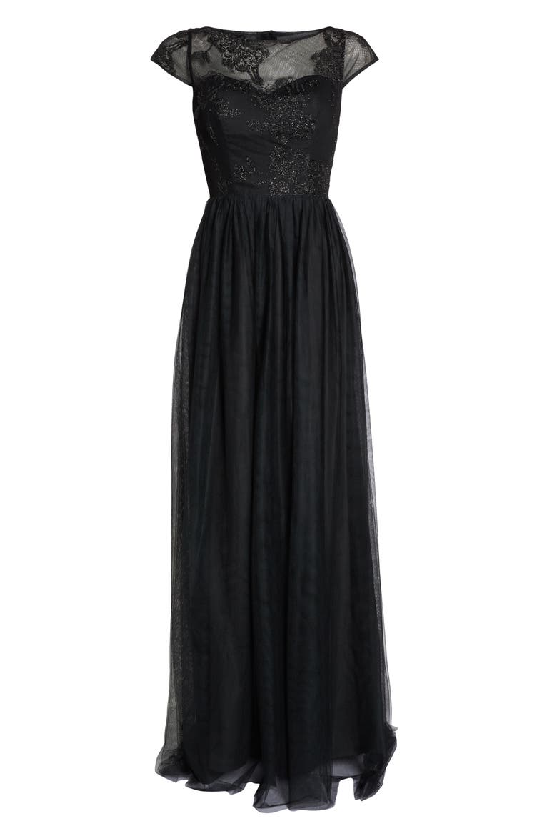 Embroidered Bodice Net Gown, Alternate, color, BLACK