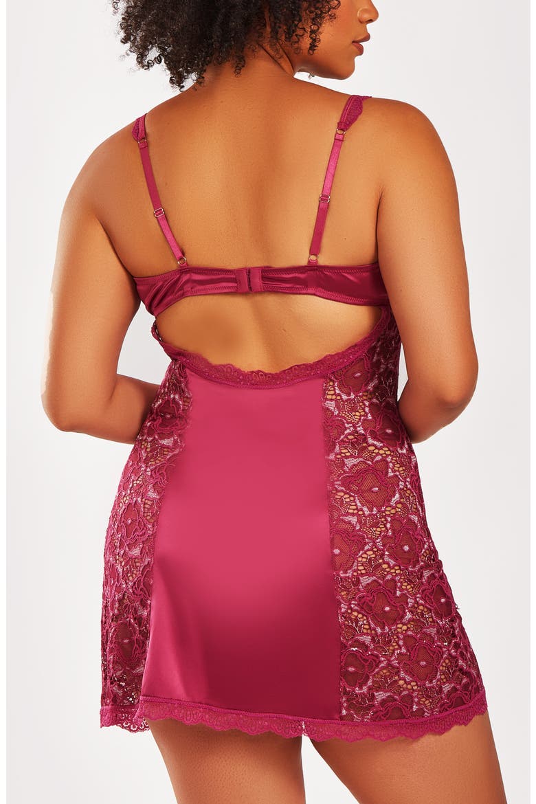 Two-Toned Lace & Satin Chemise Set, Alternate, color, Wine