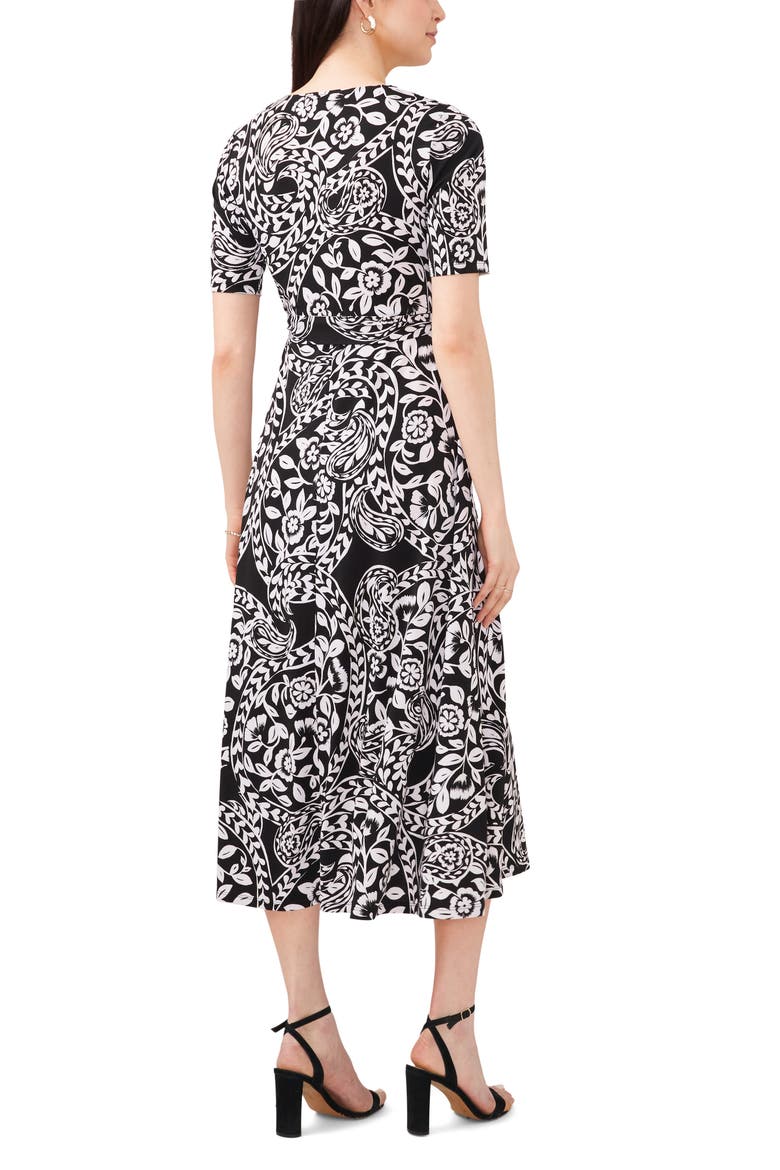Floral Belted V-Neck Midi Dress, Alternate, color, BLACK/ WHITE