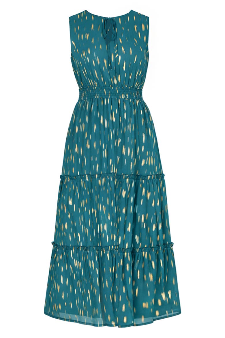 Foil Print Ruched Waist Midi Dress, Alternate, color, Teal
