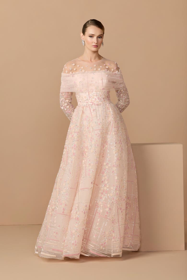Illusion Neck Long Sleeve Embroidered Ballgown, Alternate, color, Rose