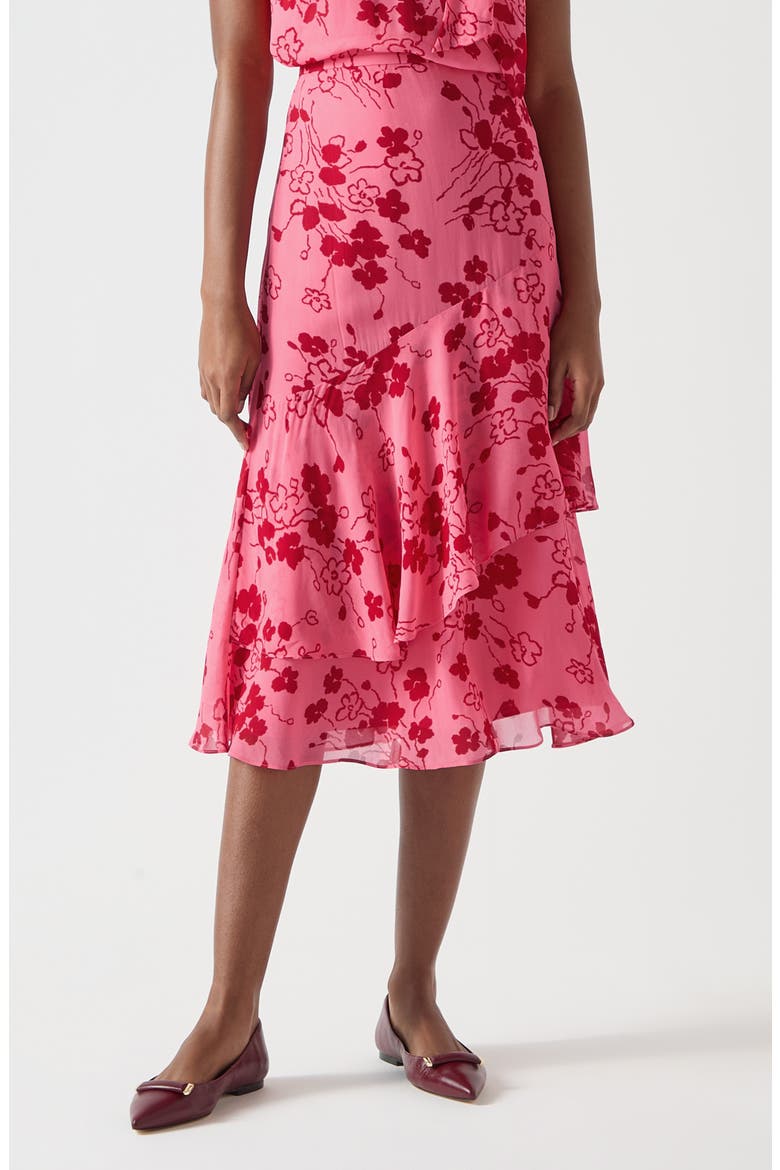 Rhoda Floral Tiered Georgette Midi Skirt, Main, color, PINK