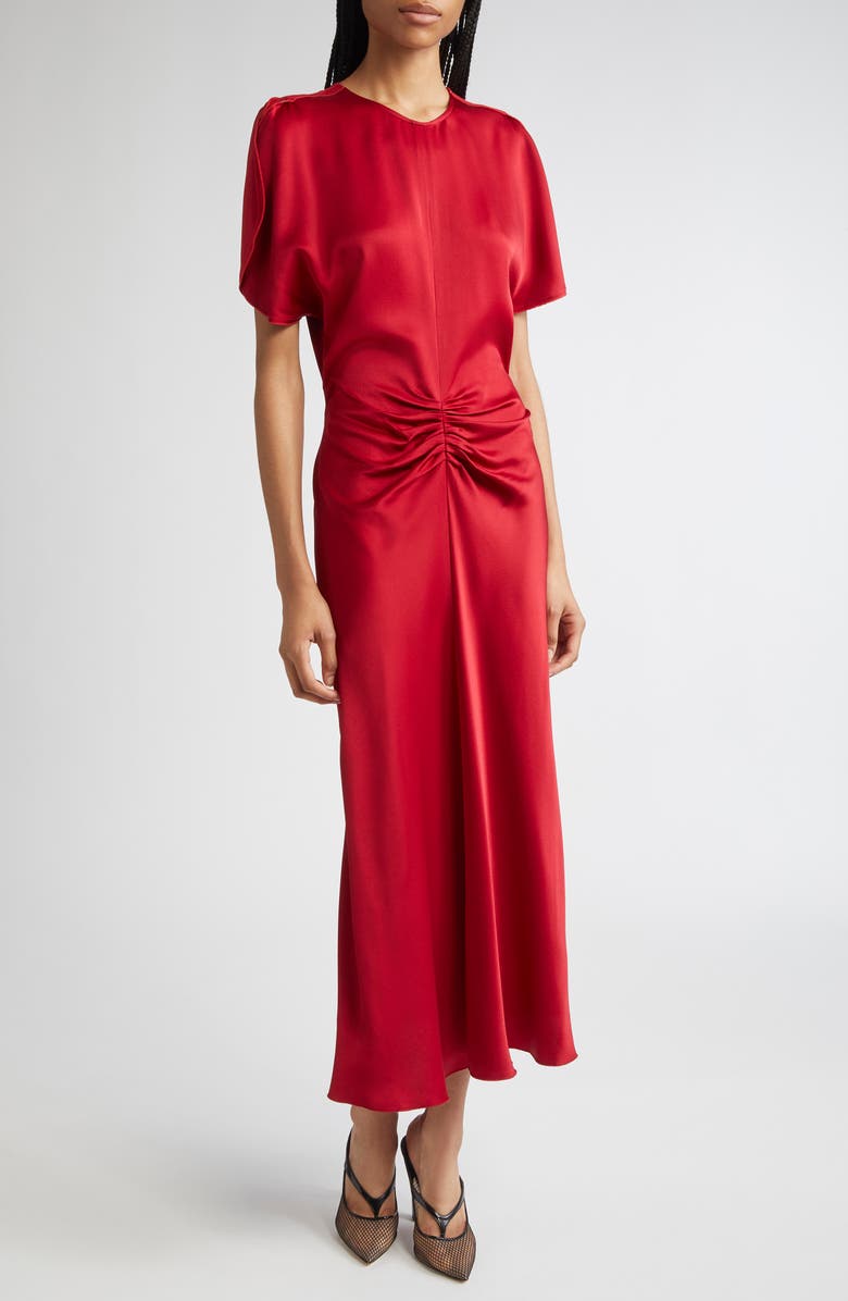 Victoria Beckham Ruched Waist Midi Dress, Main, color, Rose