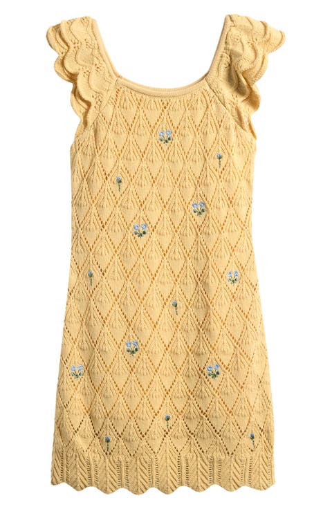 Kids' Floral Embroidered Cotton Blend Pointelle Dress (Big Kid)