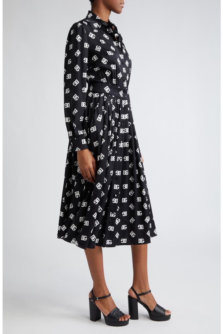 Pleated Monogram Logo Long Sleeve Stretch Silk Charmeuse Midi Dress, Alternate, color, BLACK