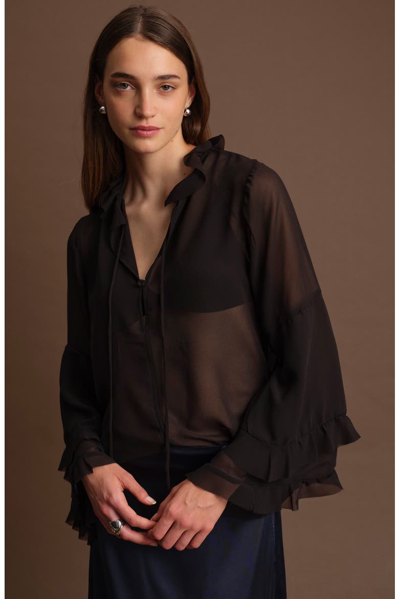 Bradley Sheer Ruffle Shirt, Alternate, color, BLACK