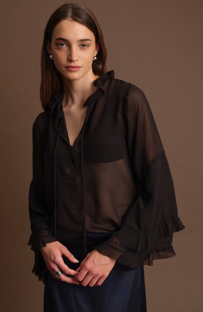 DELUC Bradley Sheer Ruffle Shirt, Alternate, color, Black