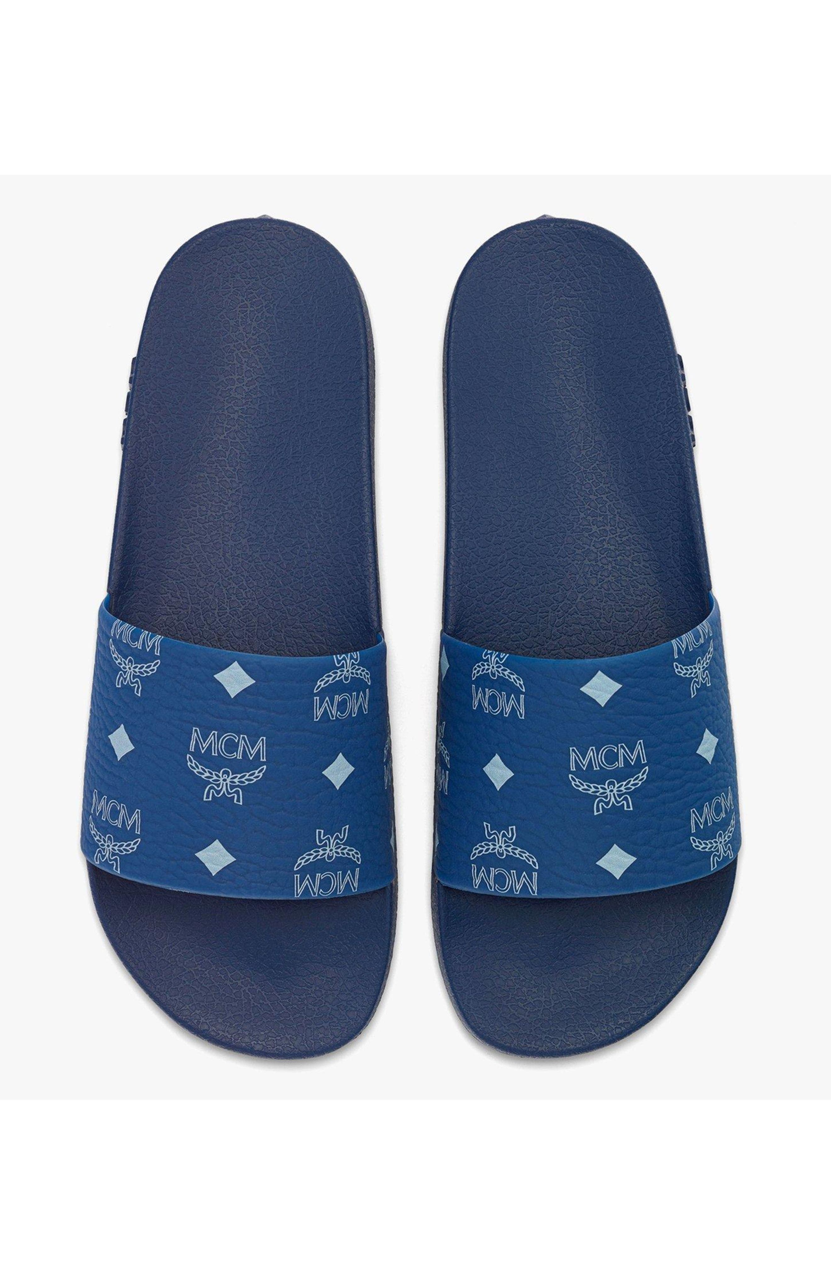 MCM Women's Monogram Print Rubber Slides, Alternate, color, Blue