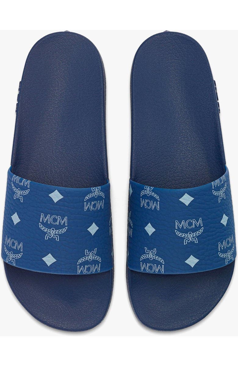 MCM Women's Monogram Print Rubber Slides, Alternate, color, Blue