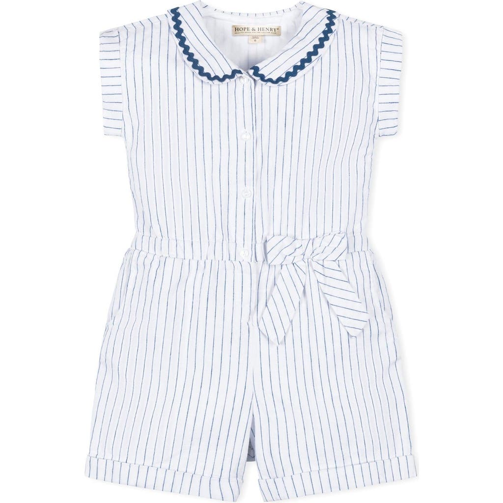 Shop Hope & Henry Girls' Linen Collared Button Front Romper, Kids In White Court Pinstripe