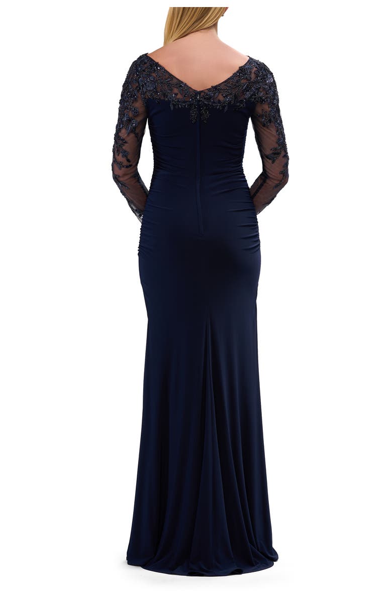 La Femme Elegant Evening Jersey Dress with Illusion Lace Sleeves, Alternate, color, Navy