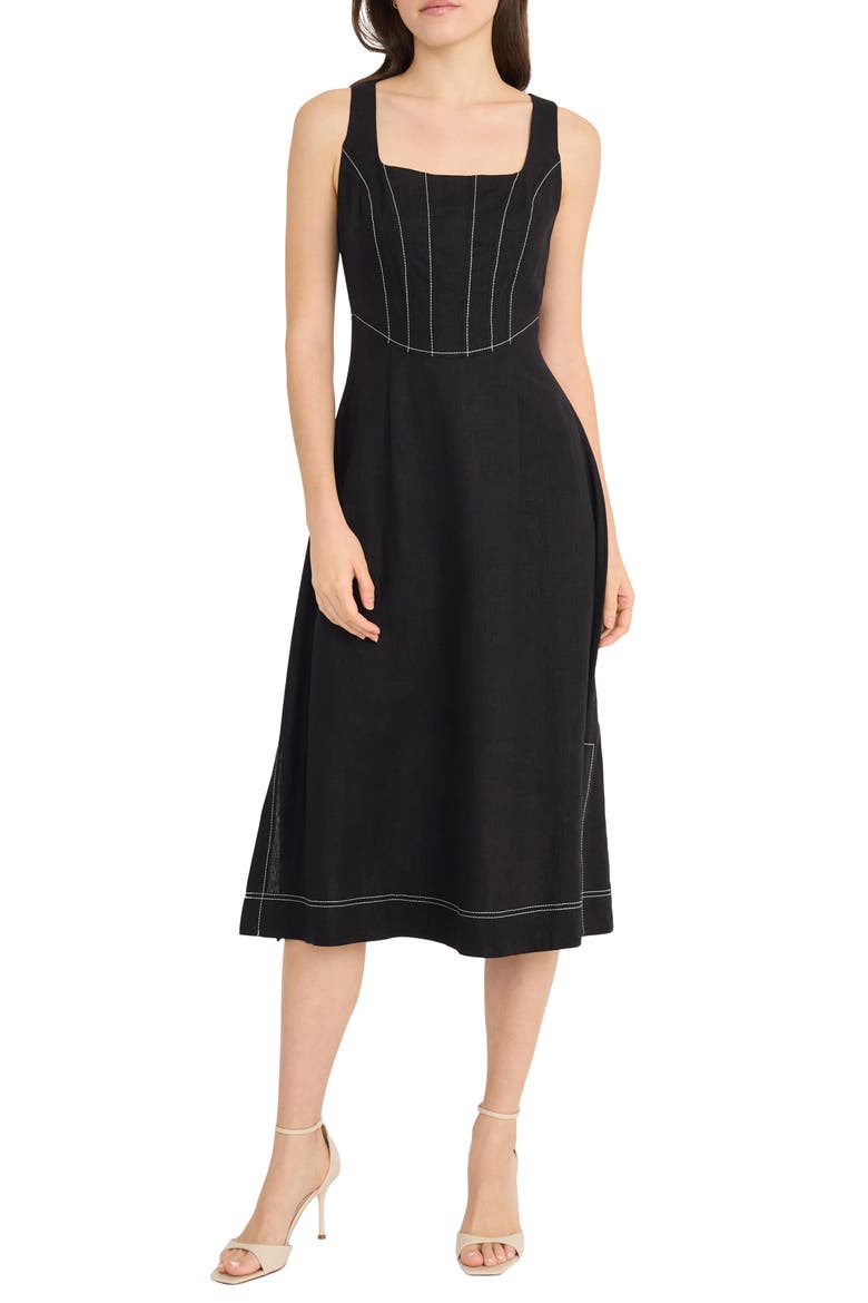 Contrast Topstitch Sleeveless Linen Blend Midi Dress, Main, color, BLACK