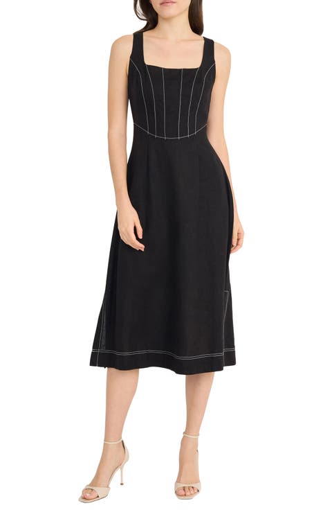 Contrast Topstitch Sleeveless Linen Blend Midi Dress