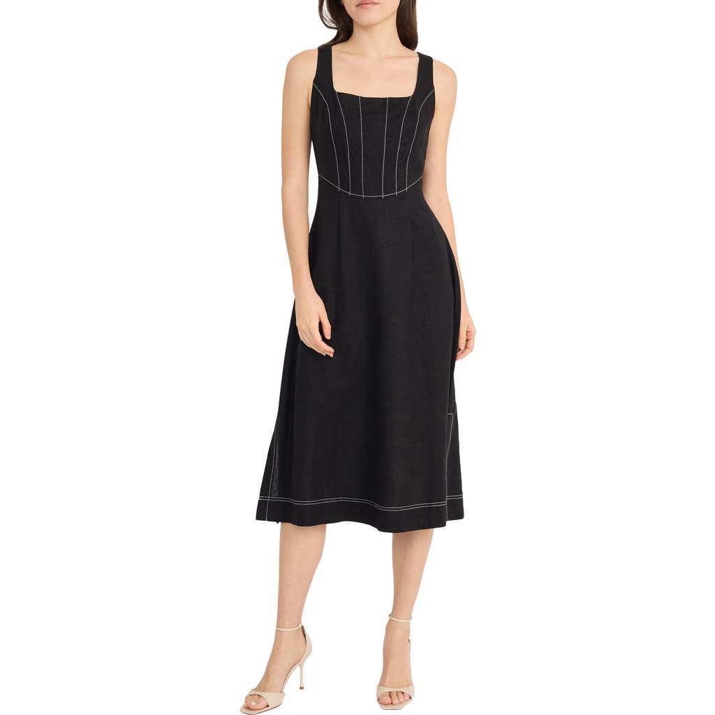 Donna Morgan Contrast Topstitch Sleeveless Linen Blend Midi Dress In Black