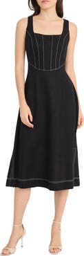 Donna Morgan Contrast Topstitch Sleeveless Linen Blend Midi Dress