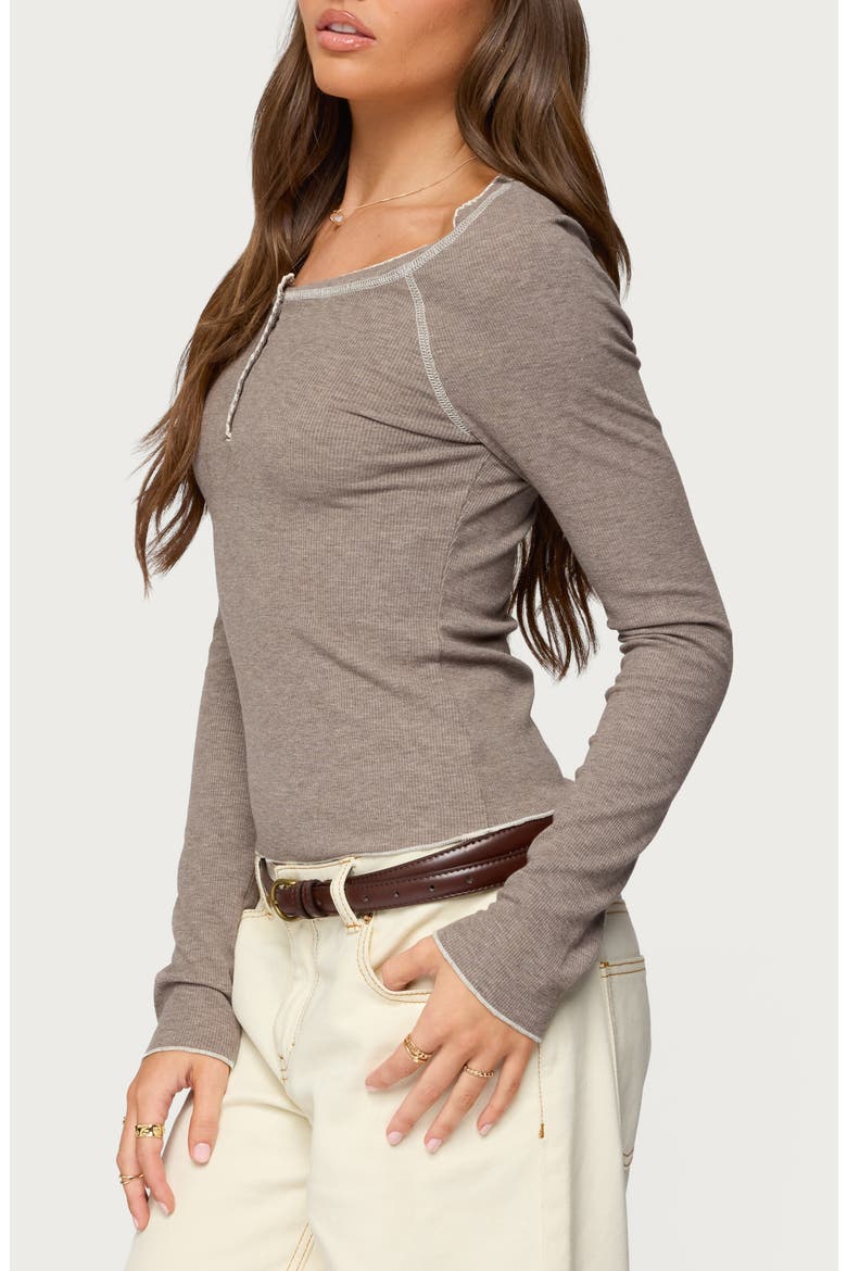 Ensley Contrast Stitch Henley Top, Alternate, color, BROWN
