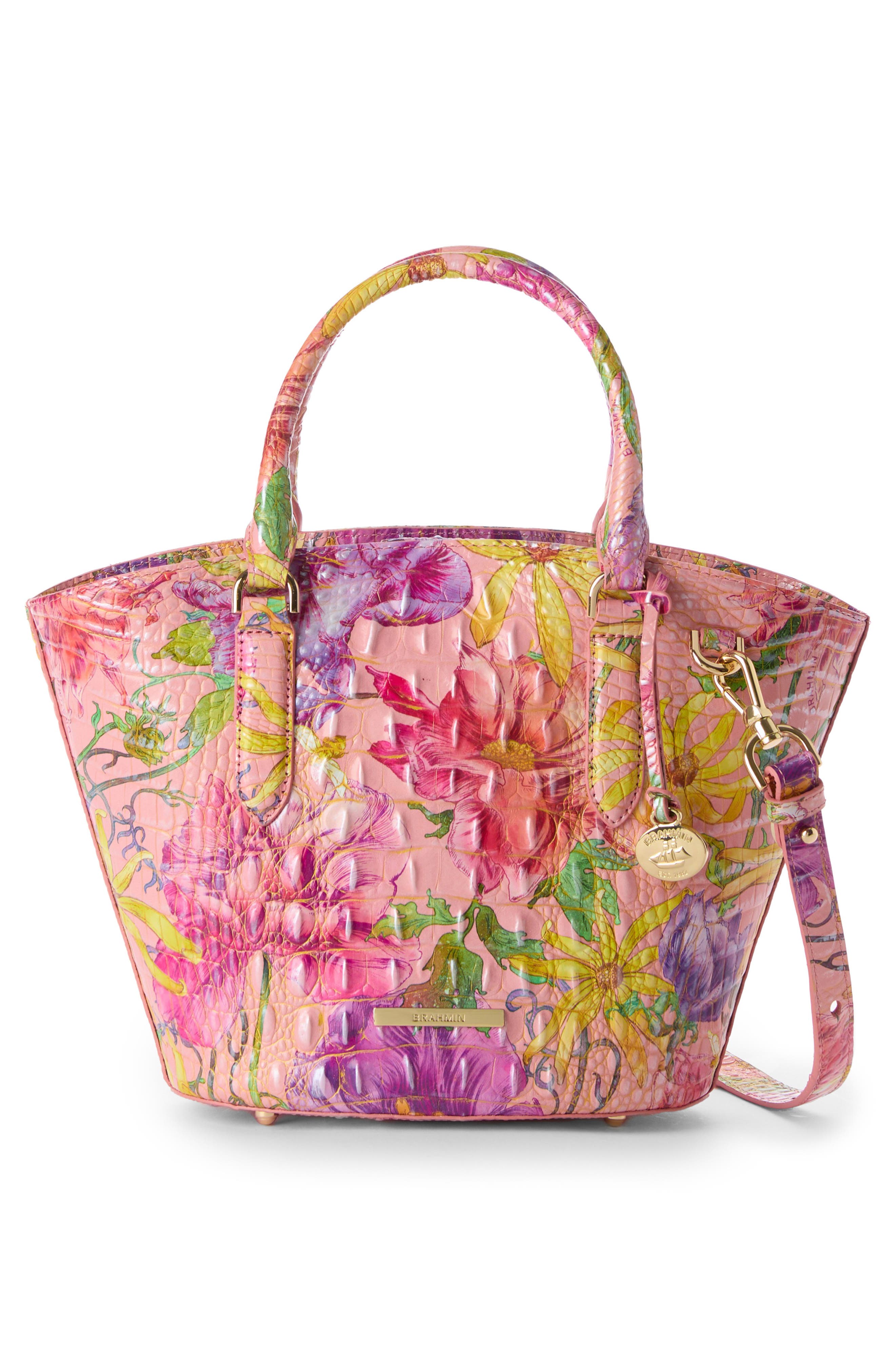 Brahmin Jenny Floral Print Croc Embossed Leather Satchel, Alternate, color, 