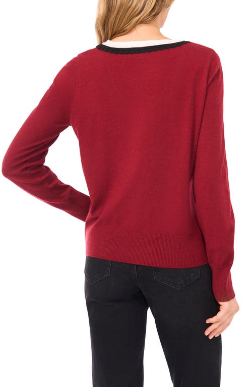 Cece Scalloped Trim V-neck Sweater In Burgundy