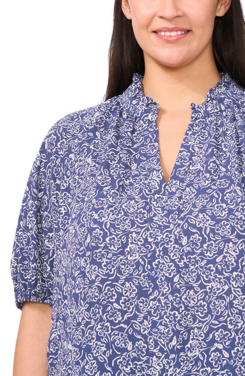 Cece Ruffle Split Neck Short Sleeve Top In Blue