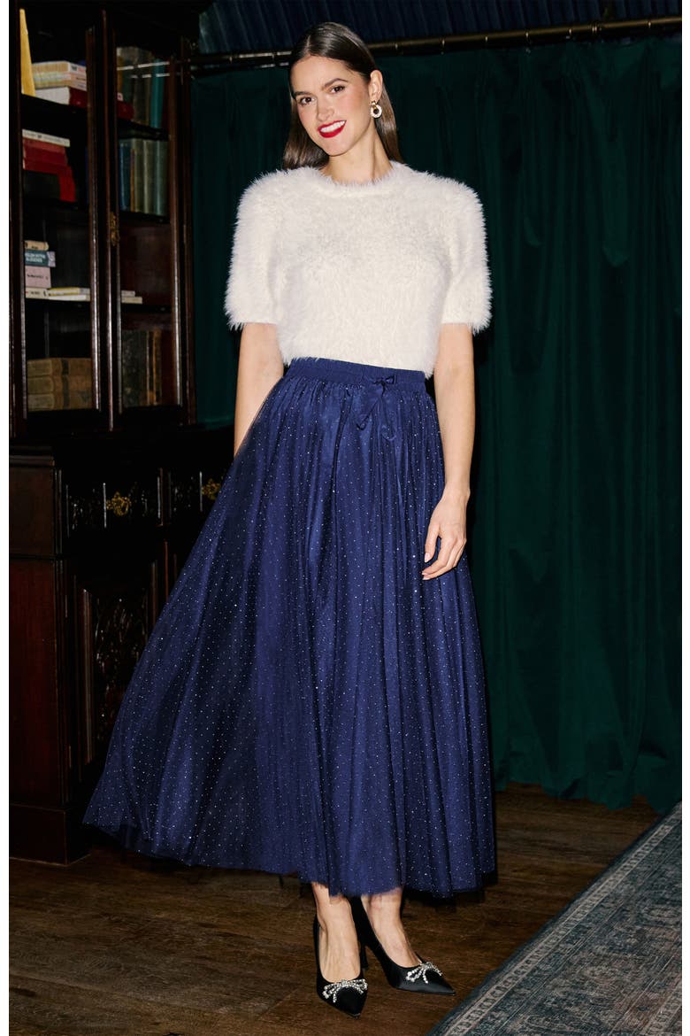 Sparkle Print Mesh Maxi Skirt, Alternate, color, Navy