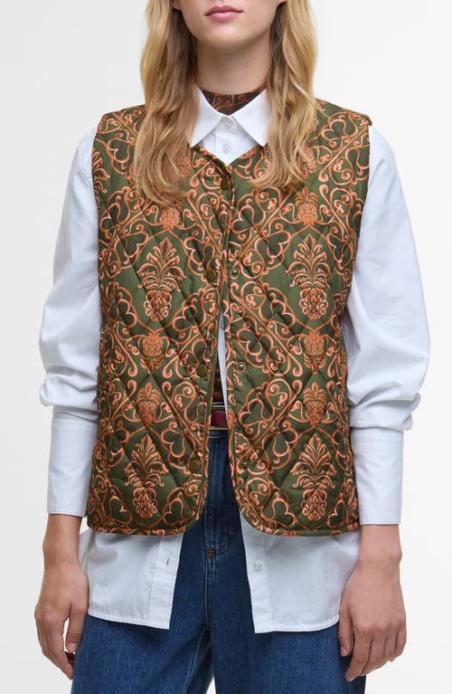 Barbour X Farm Rio Fernanda Quilted Vest In Brown
