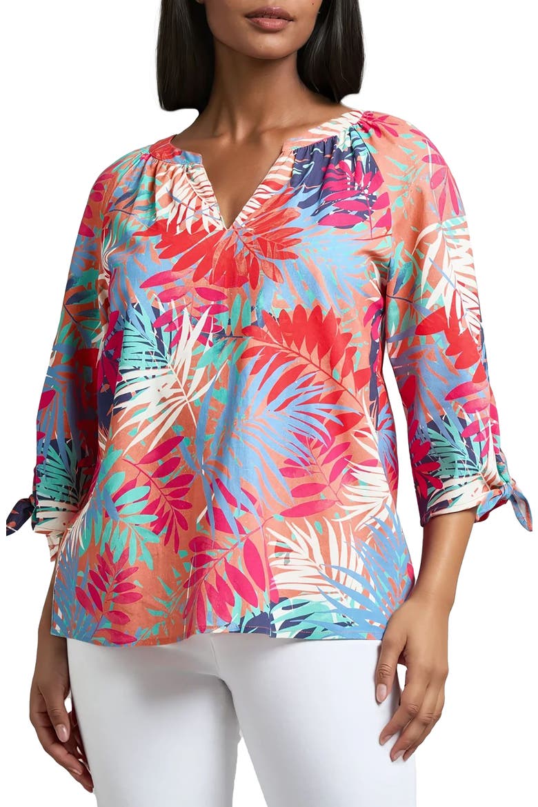 Leaf Print Linen Blend Popover Top, Main, color, CORAL SUN MULTI