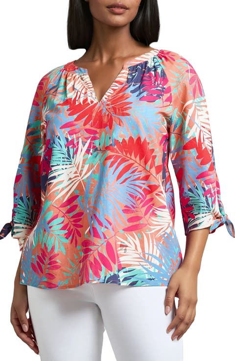 Leaf Print Linen Blend Popover Top