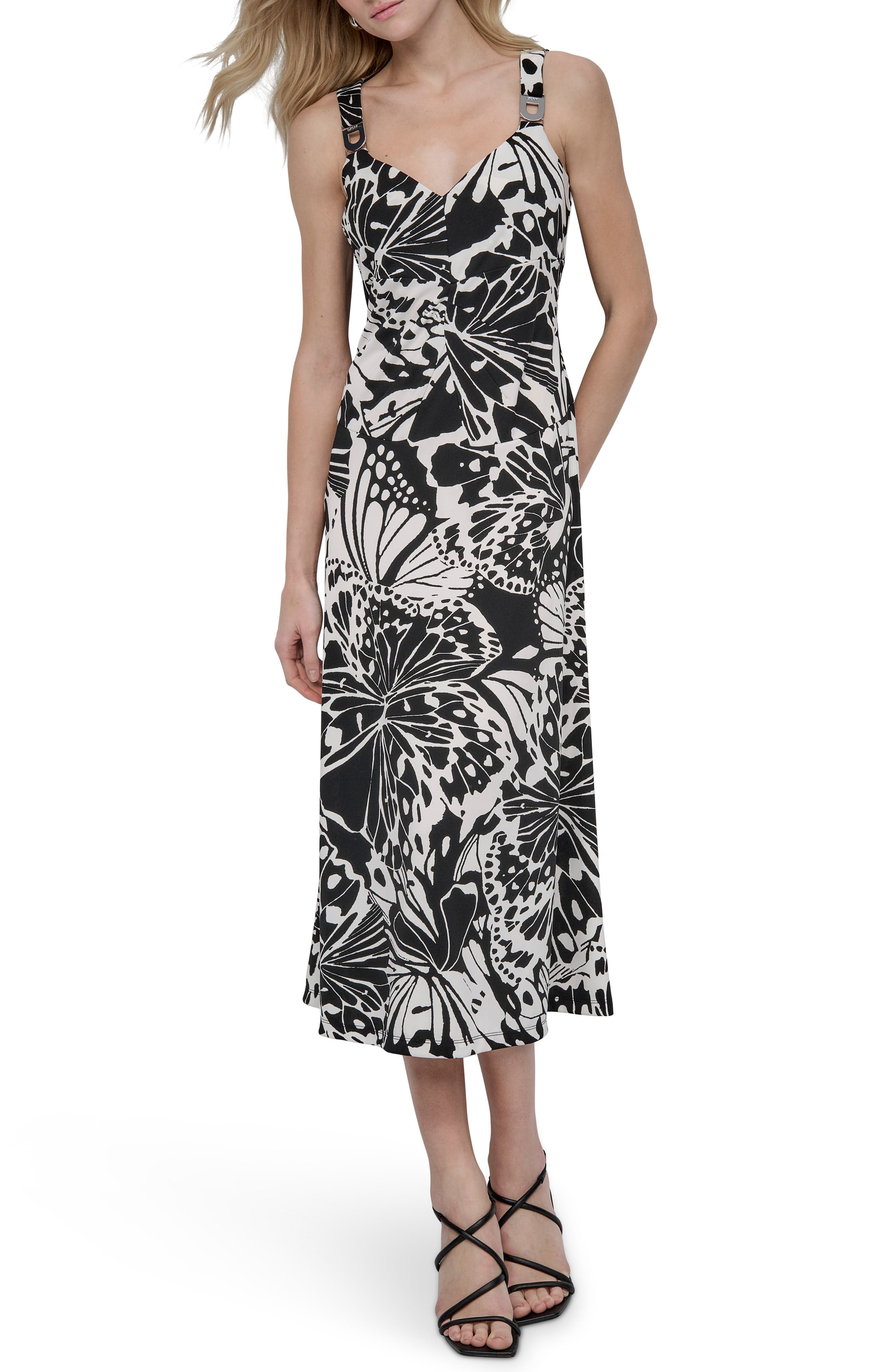 DKNY Floral Print Matte Jersey Midi Dress