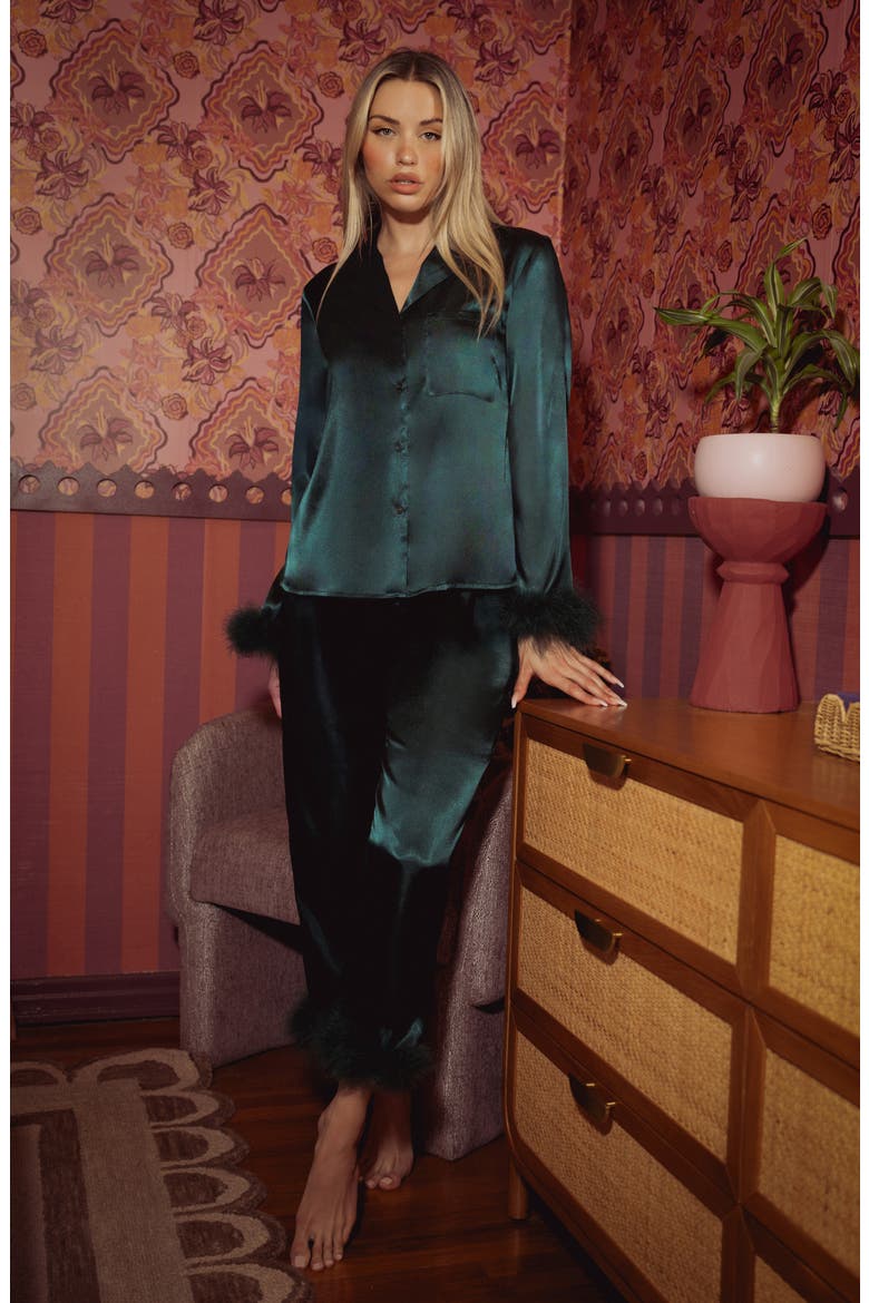 Rory Feather Trim Satin Pajamas, Alternate, color, PINE