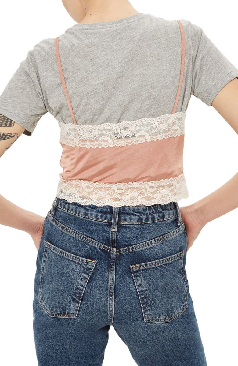 Topshop Ruched Satin & Lace Camisole, Alternate, color,