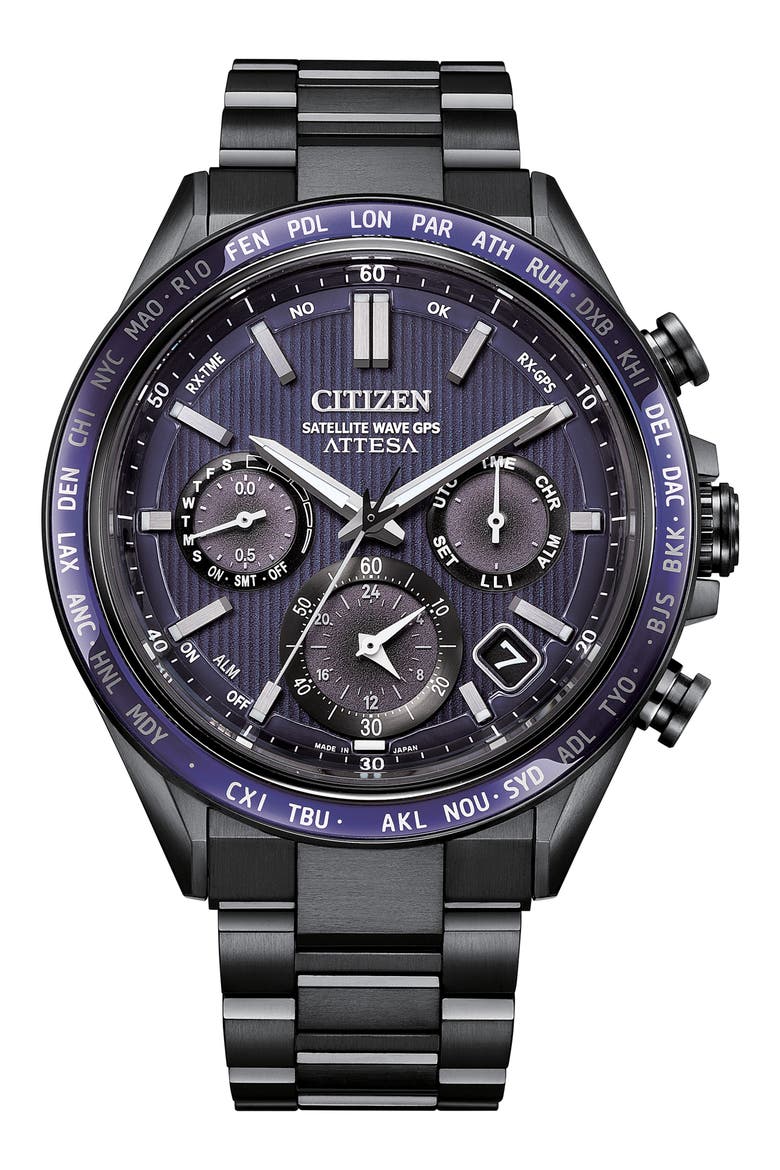 Attesa Satellite Wave GPS GMT Automatic Greytone Bracelet Watch, 44.6mm, Main, color, GRAY/BLUE