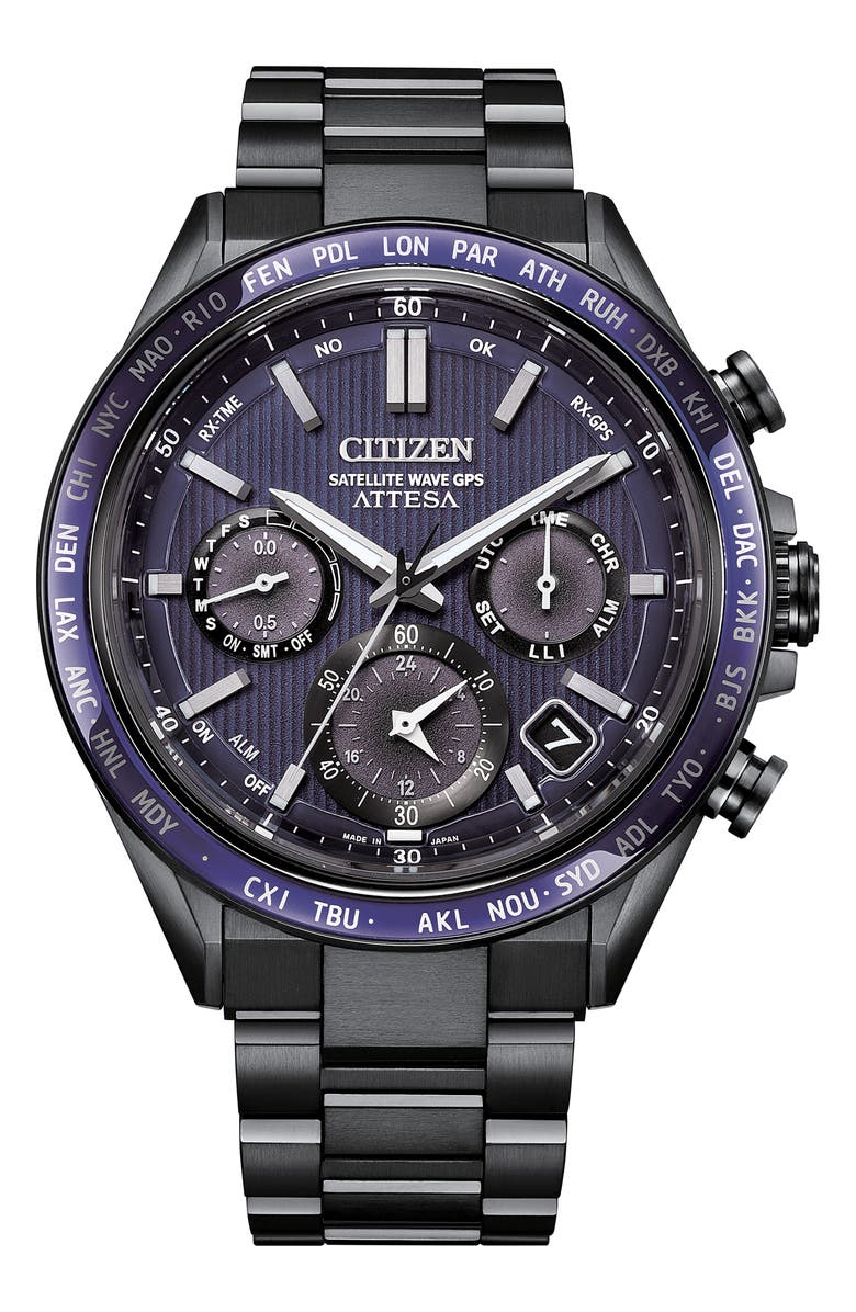 Citizen Attesa Satellite Wave GPS GMT Automatic Greytone Bracelet Watch, 44.6mm, Main, color, Gray/Blue