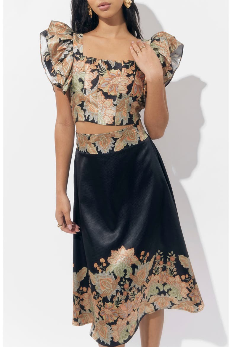 Milan Floral Top & Border Print Skirt Set, Alternate, color, BLACK/GOLD