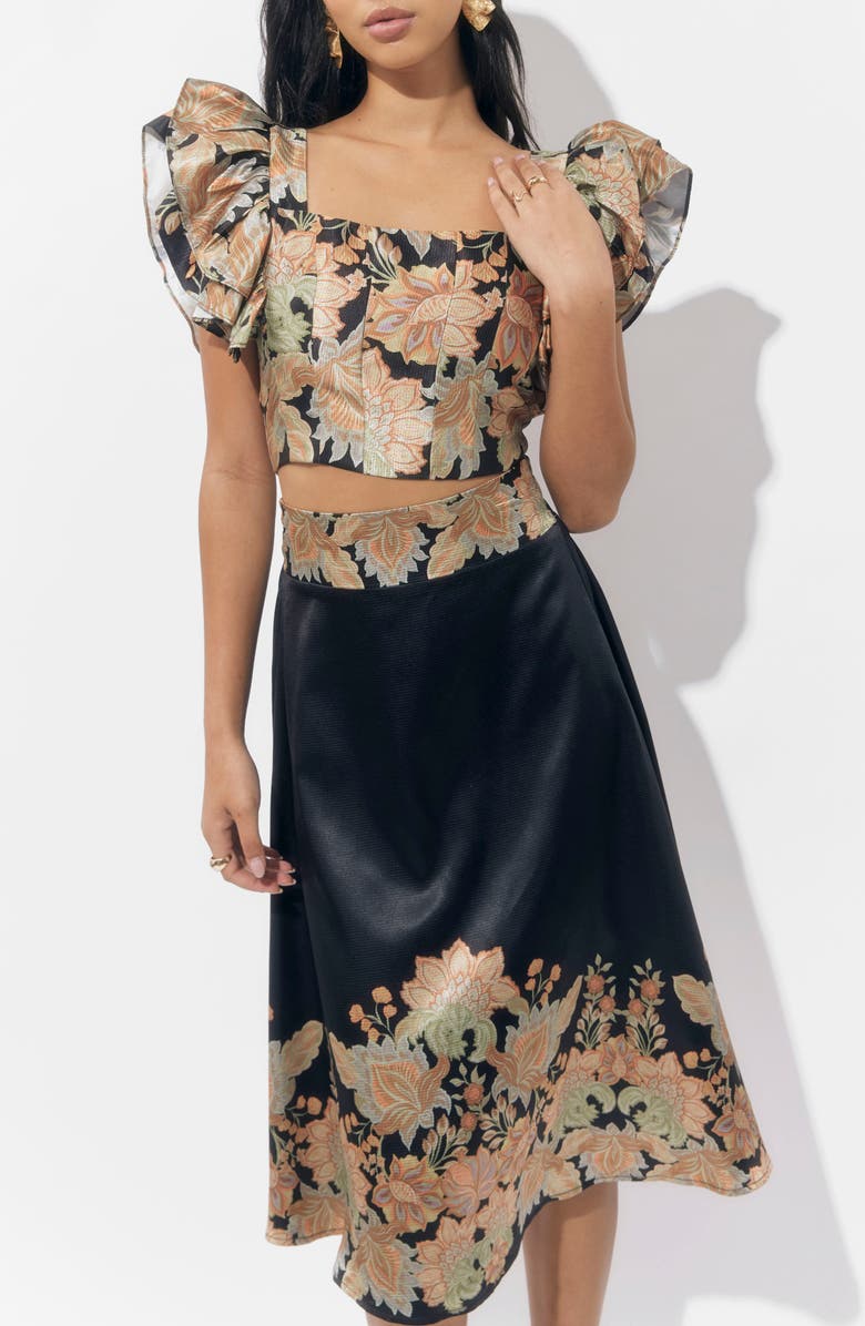 Adelyn Rae Milan Floral Top & Border Print Skirt Set, Alternate, color, Black/ Gold