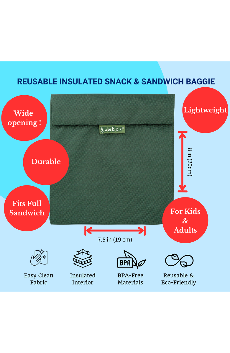 Yumbox Reusable Sandwich Bags Insulated, Washable, Eco-Friendly Fabric Pouches for Snacks, Wraps & Lunches, Alternate, color, Fern