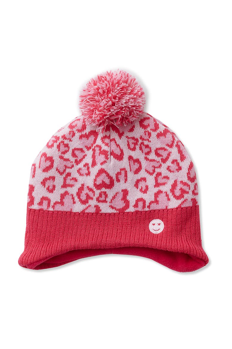 Kids Earflap Hat, Main, color, Cheetah Hearts/Raspberry