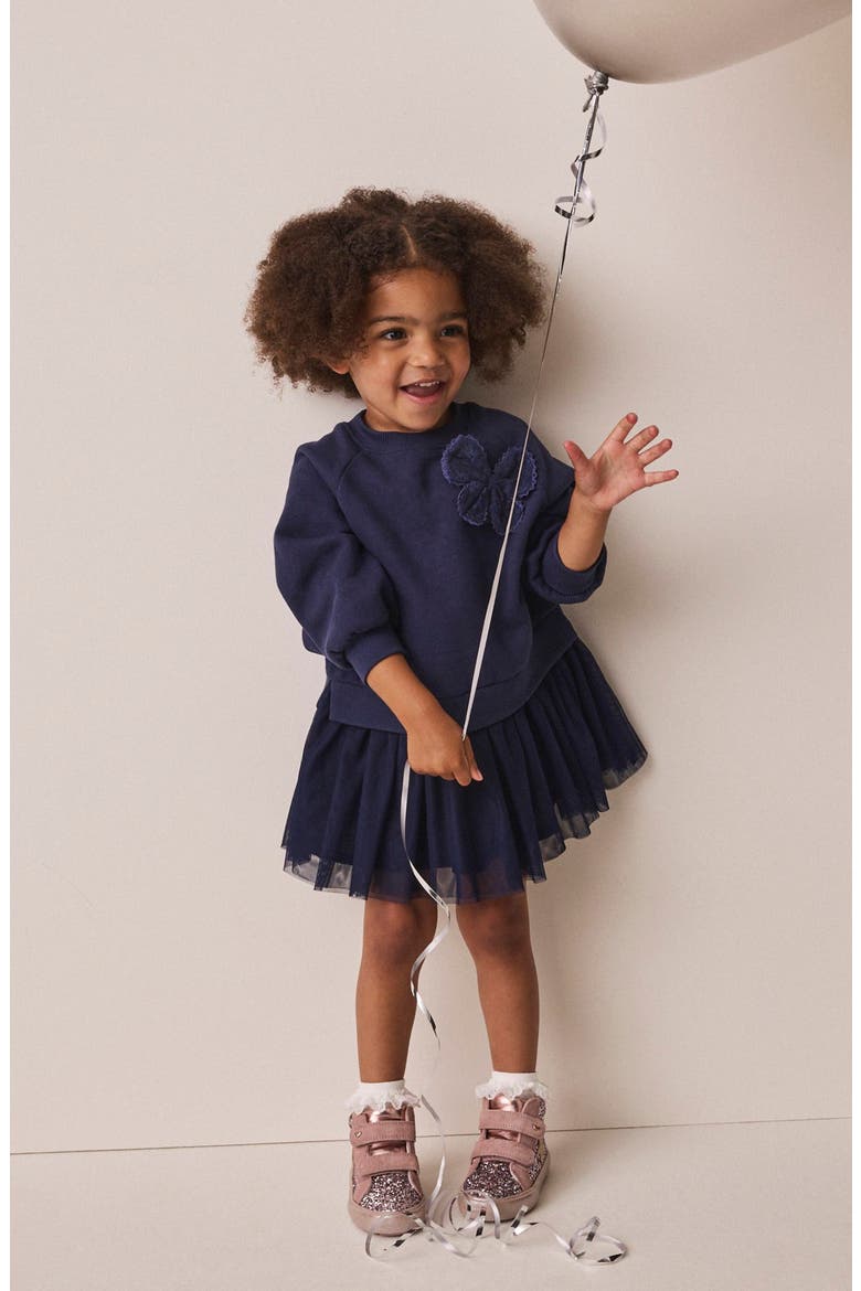 Kids' Bow Appliqué Mixed Media Dress, Alternate, color, BLUE