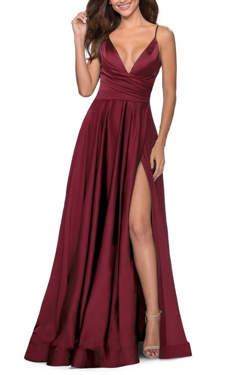 Long Satin Dress with Side Slit and V Shaped Back